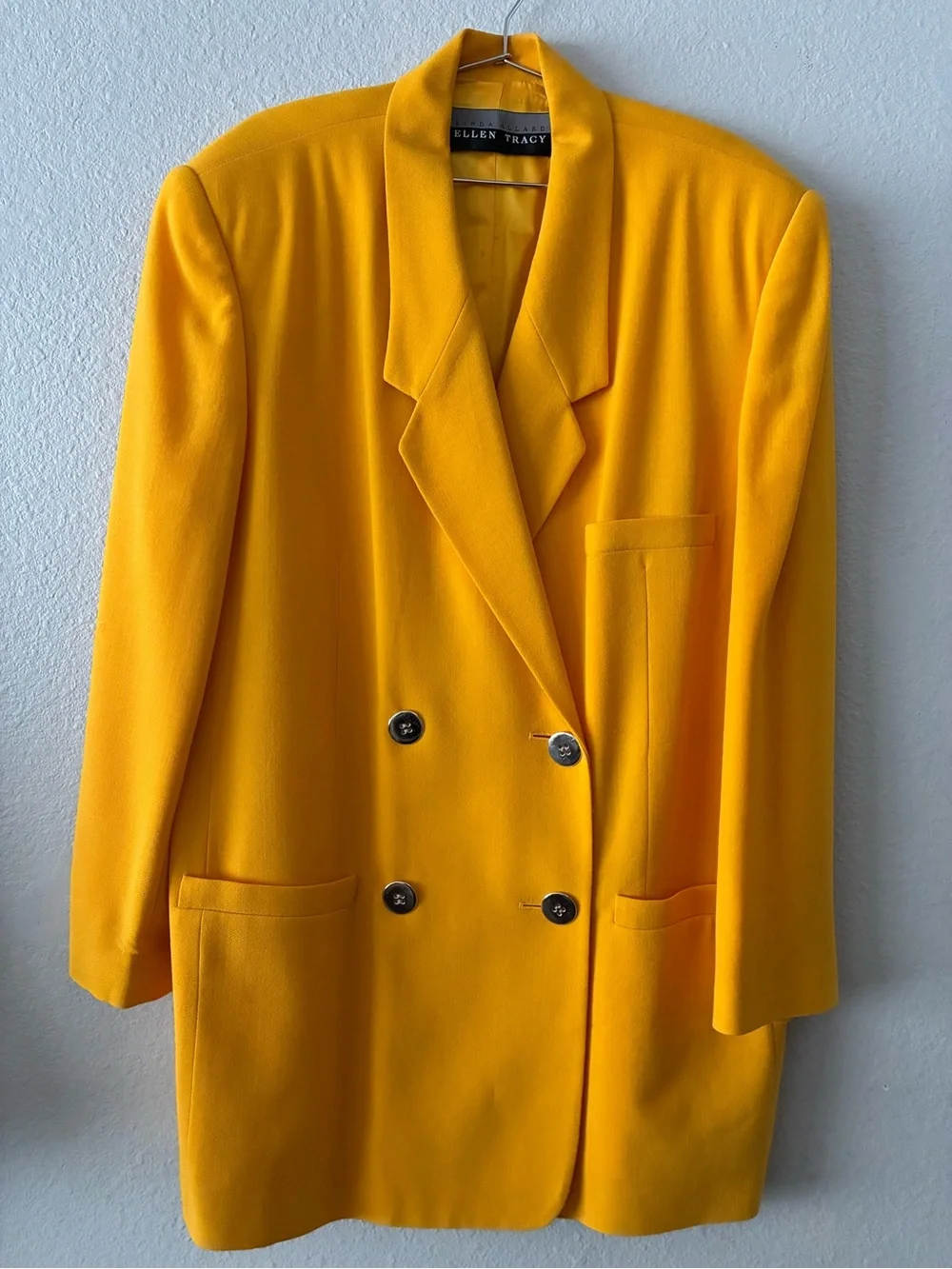 VTG 90s Ellen Tracy 12 Bright YL 💯 Wool Double-Breasted Blazer Silver Buttons